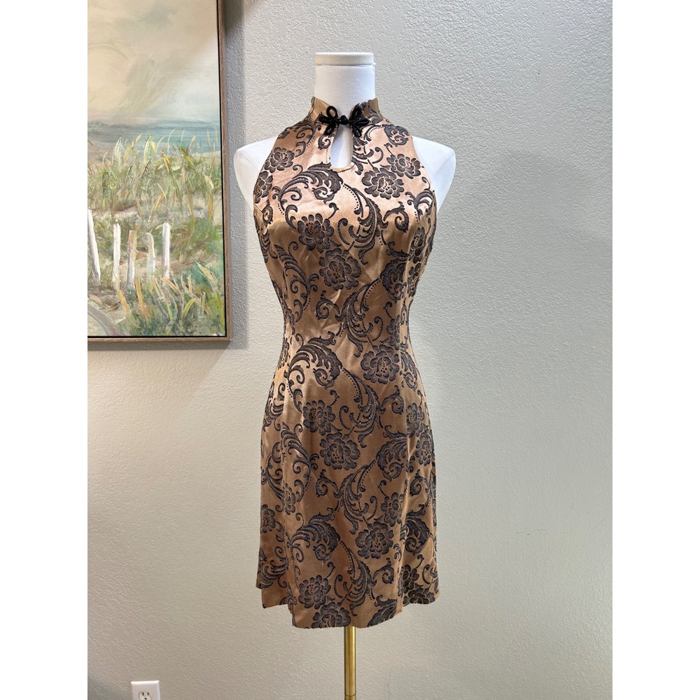 Roberta Vintage Gold Black Floral Damask Mandarin Collar Mini Dress 5/6 USA